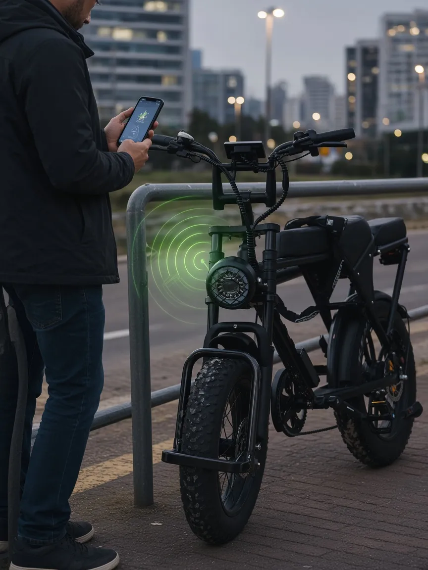 Bike elétrica presa a um suporte urbano enquanto o proprietário acompanha a conexão pelo celular.