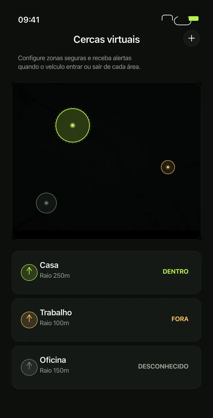 Tela de cercas virtuais com mapa de São Paulo e zonas Casa, Trabalho e Oficina configuradas.