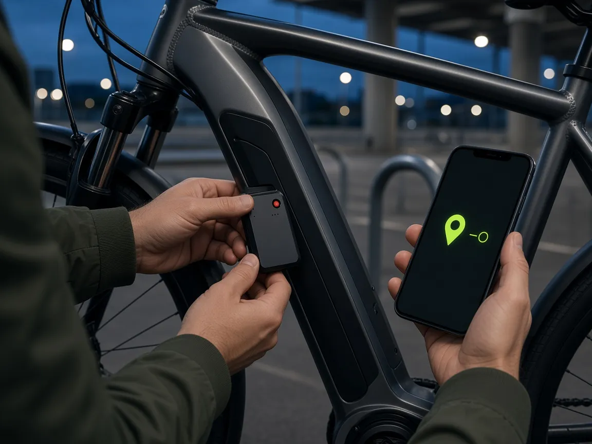 Pessoa posicionando o rastreador em uma bike elétrica enquanto ativa a conexão no celular.