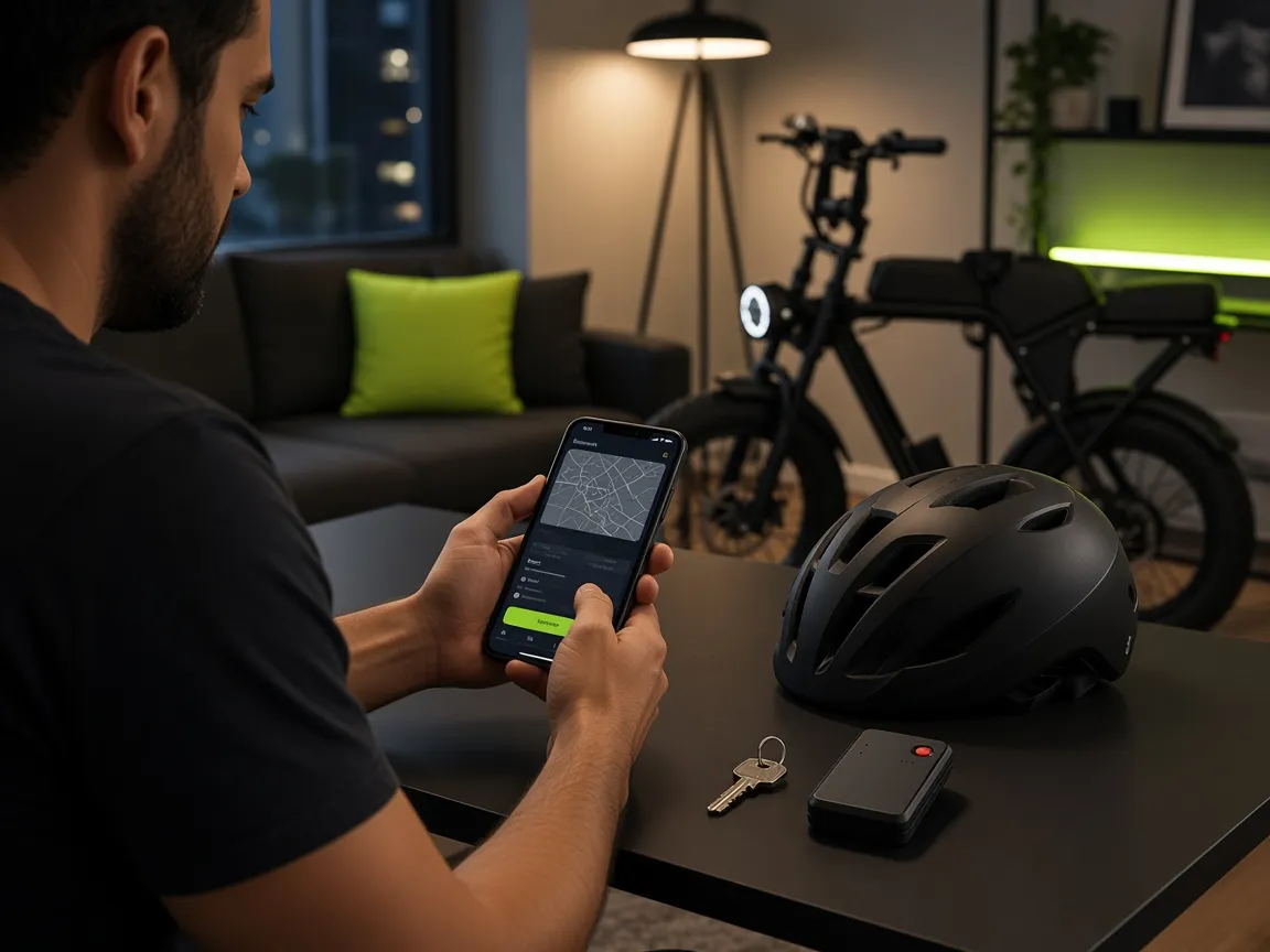Pessoa escolhendo o rastreador VolTrace no celular, com capacete e bike elétrica ao fundo.